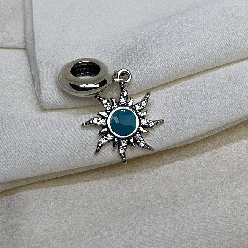Sterling Silver 925 Enamel Turquoise Sun Star With Cubic Zirconia Dangle Charm