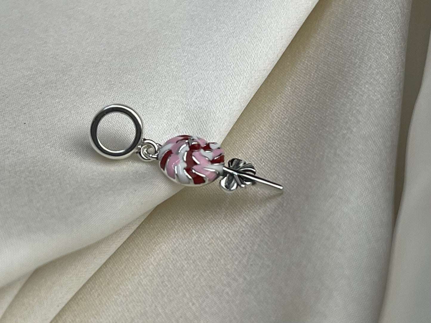 Sterling Silver 925 Enamel Sweet Swirl Lollipop Bow Sugar Candy Charm Necklace