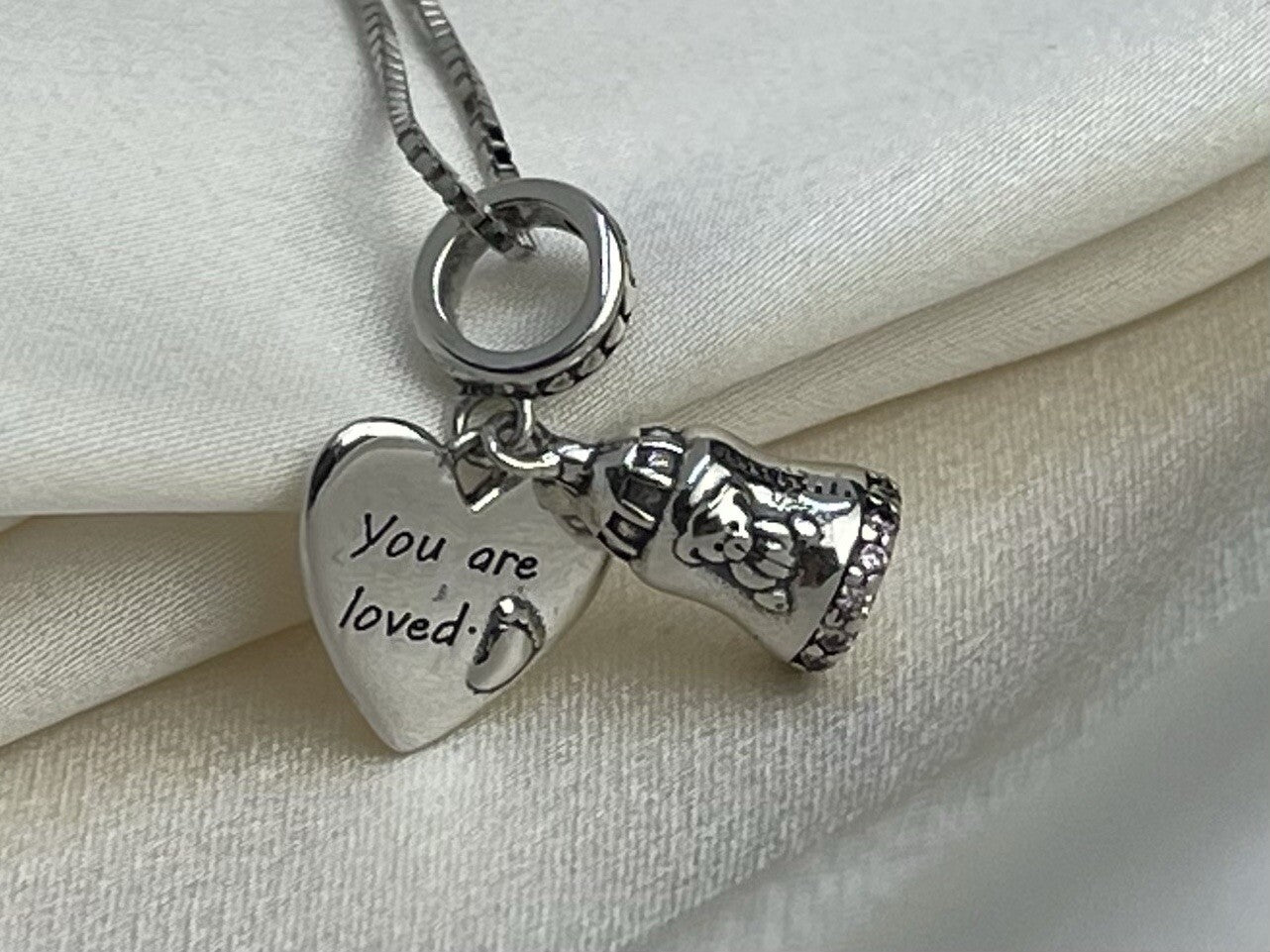 Sterling Silver 925 Baby Foot Bear Bottle You Are Loved Heart Pink Necklace