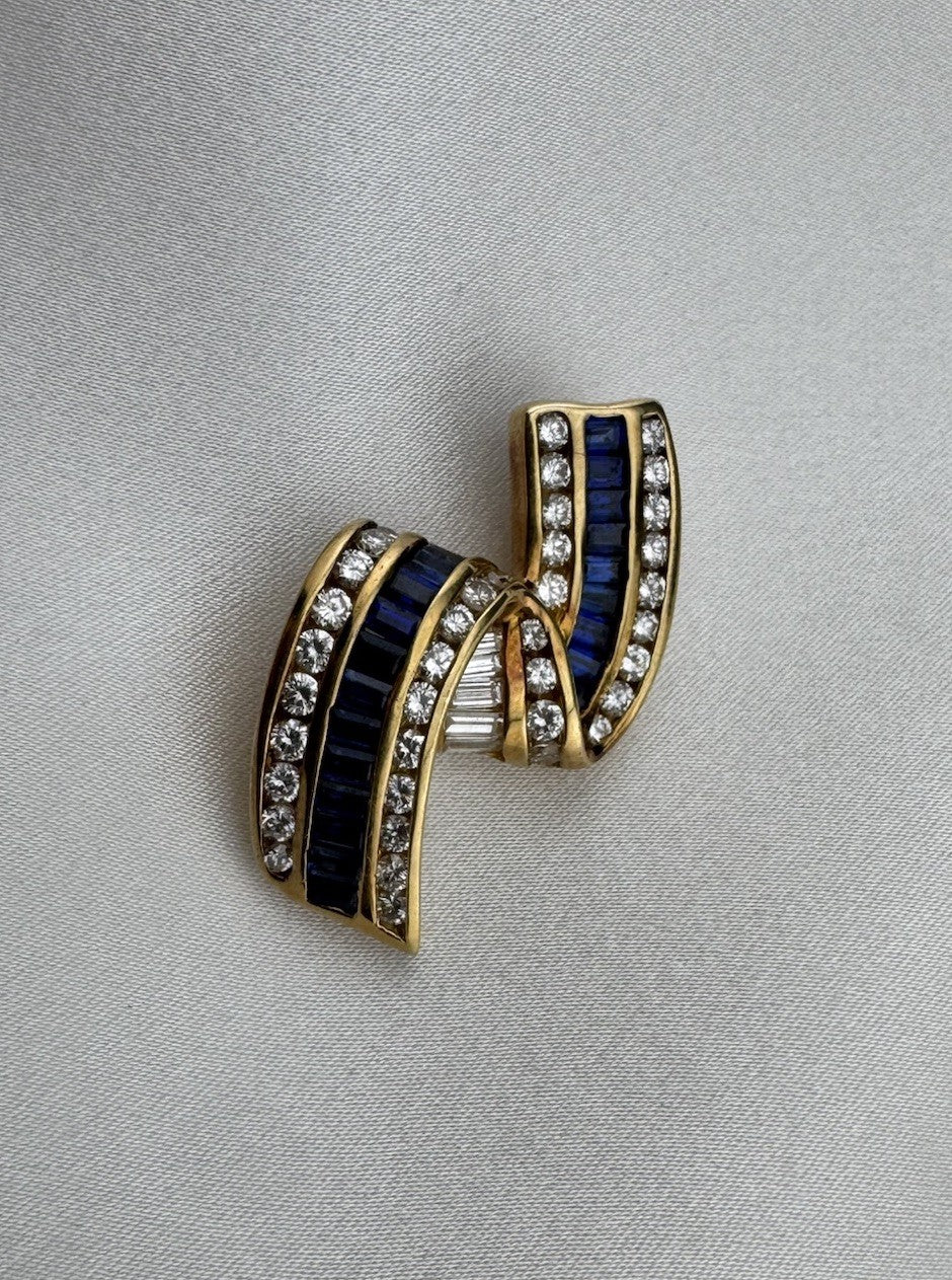 Vintage Charles Krypell 18K Yellow Gold Sapphire and Diamond Ribbon Pendant 7.7G