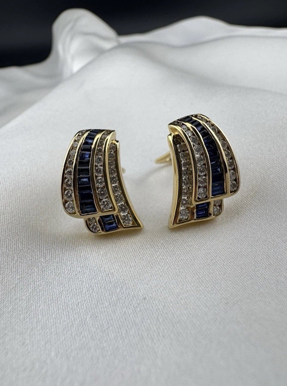 Charles Krypell 18K Yellow Gold Baguette Sapphire & Pave Diamond Earrings 12G