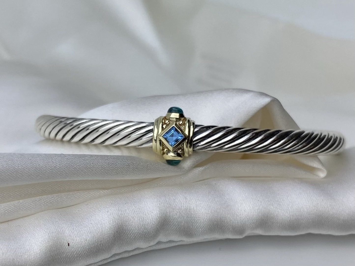 David Yurman Renaissance 5mm Silver Bracelet 14K Gold Topaz & Green Onyx Medium