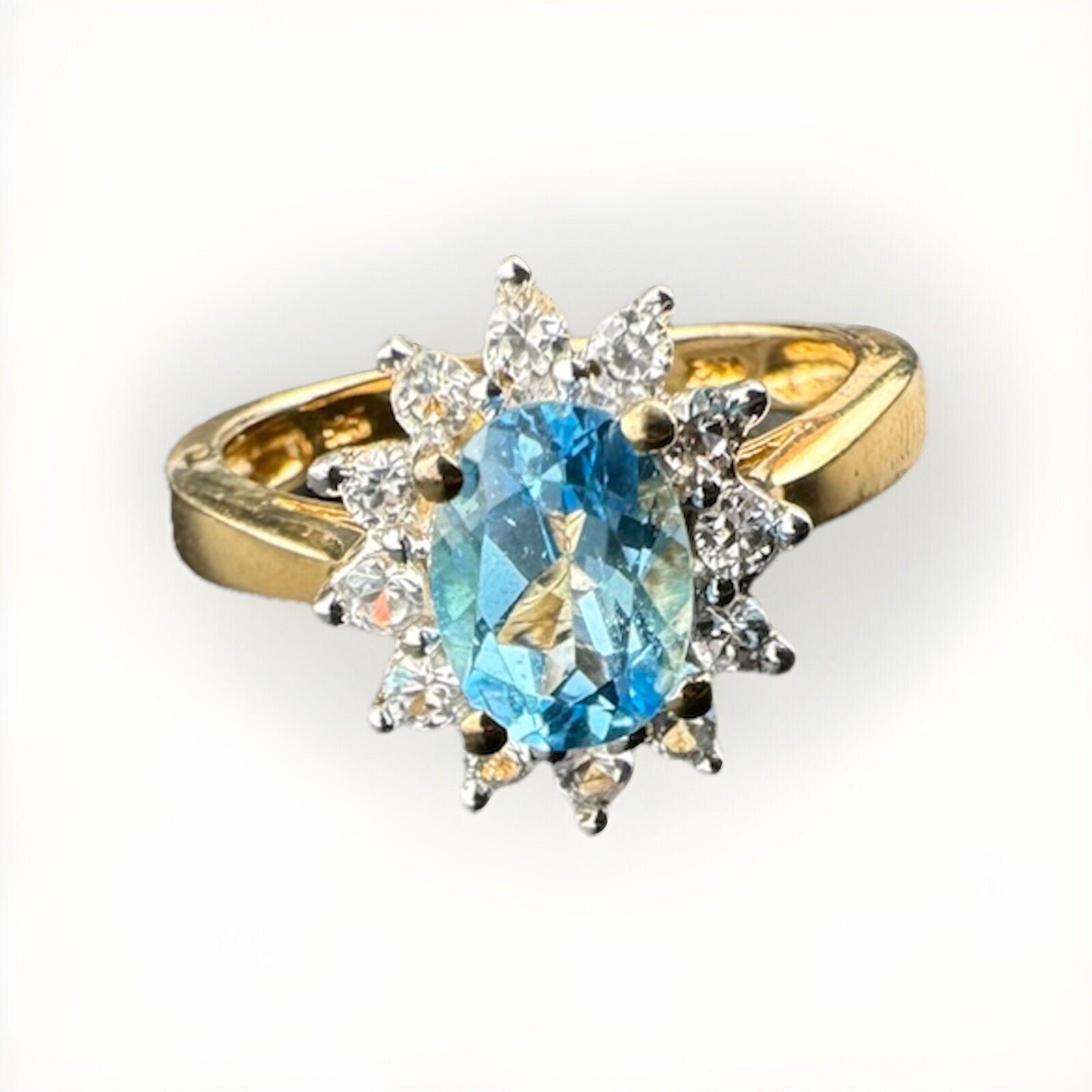 Sterling Silver 925 Blue & White Simulated Diamond Flower Ring, Size 8, 14.15mm