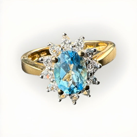 Sterling Silver 925 Blue & White Simulated Diamond Flower Ring, Size 8, 14.15mm