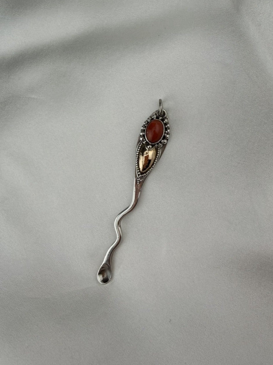 Vintage 925 Sterling Silver Carnelian Pendant 22K Gold Inlay 76mm Artisan Spoon
