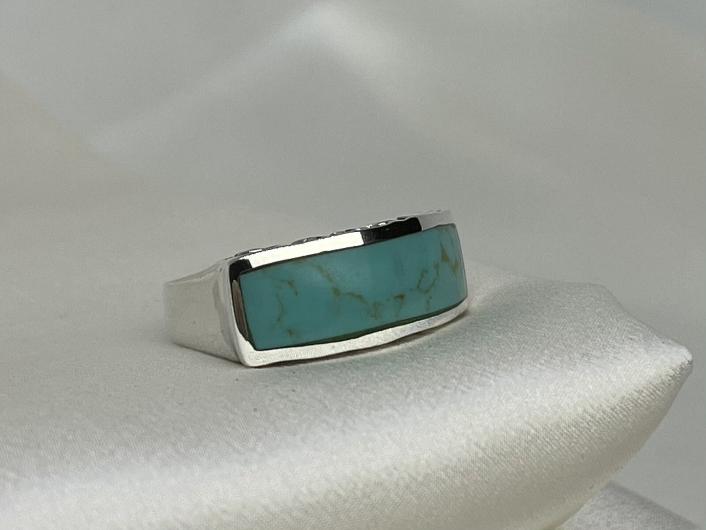 Turquoise Rectangle 9x24mm Sterling Silver 925 Hand Crafted Scroll Ring Sz 6.75