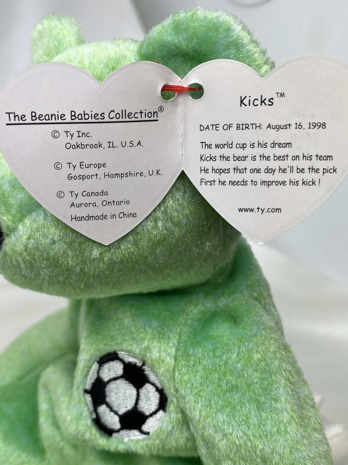 Rare Retired Ty Beanie Baby Kicks The Bear 1998-1999 P.E.Ultra Rare Tag W Errors
