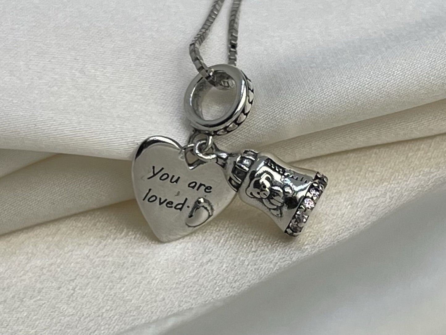 Sterling Silver 925 Baby Foot Bear Bottle You Are Loved Heart Pink Necklace