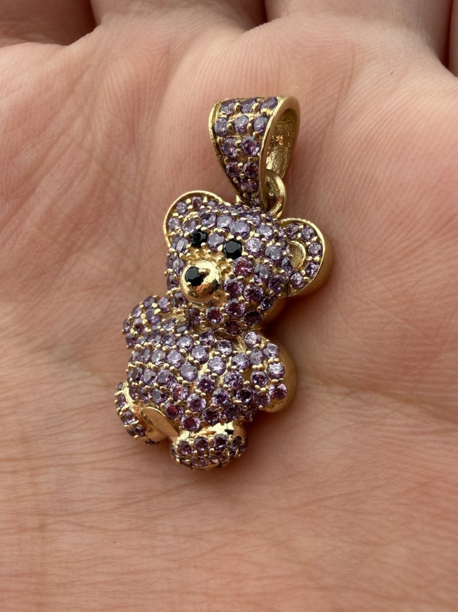 14K Gold Teddy Bear Pendant Purple Simulated Diamond Black Eyes 4.7 Gram 16x28mm