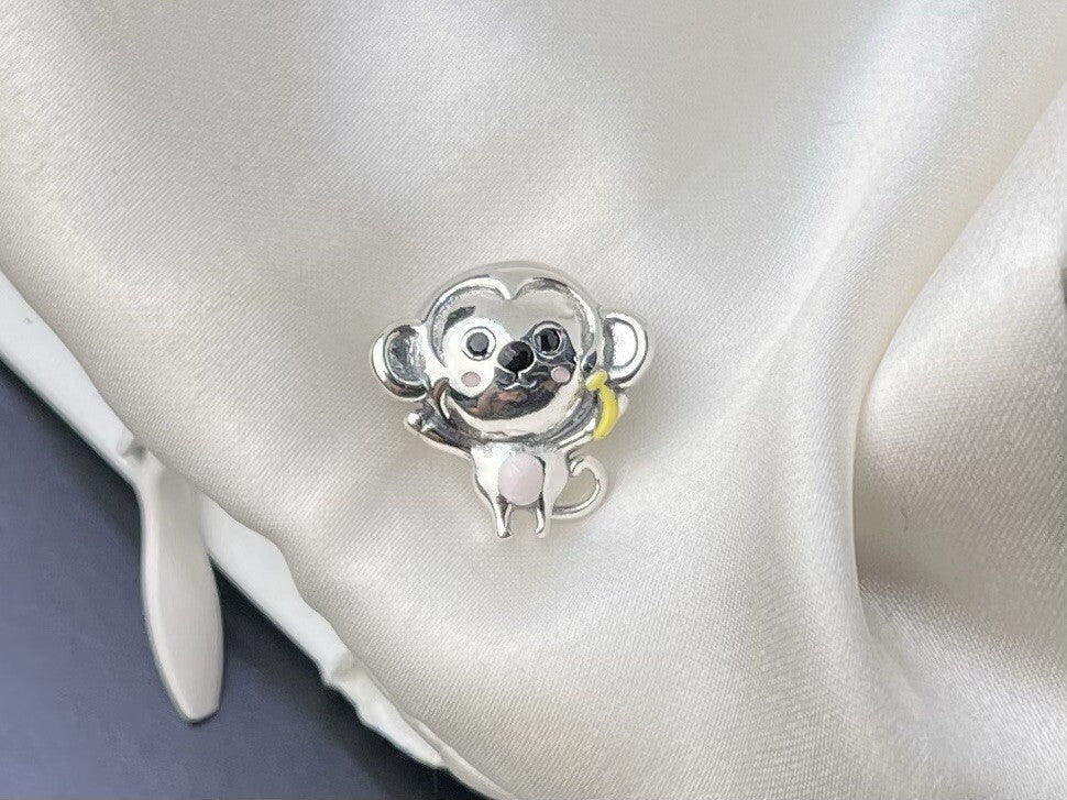 Sterling Silver 925 Enamel Joyful Anime Kawaii Monkey Character Charm
