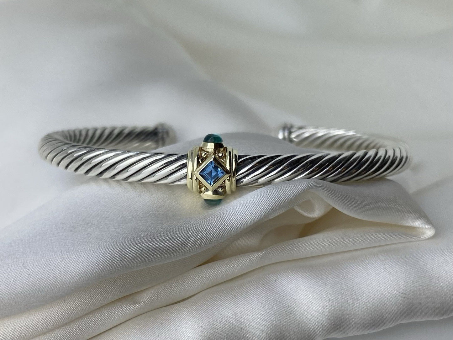 David Yurman Renaissance 5mm Silver Bracelet 14K Gold Topaz & Green Onyx Medium