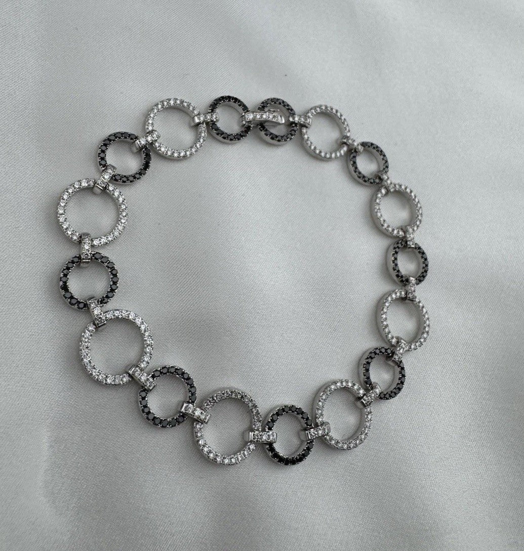 18K White Gold Black & White Diamond Circle Link Tennis Bracelet 10mm 11G Sz 6.7