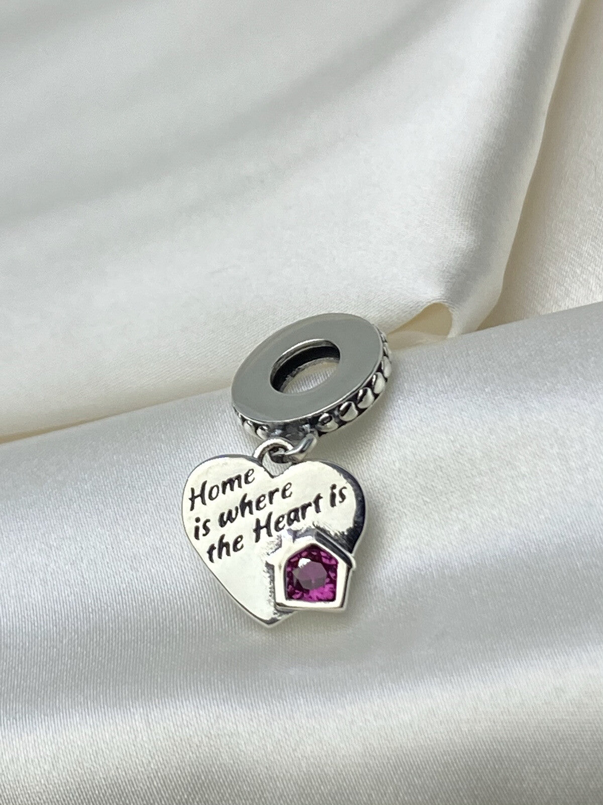 Pandora Sparkling Sterling Silver Pink Crystal Love My Home Heart Dangle Charm