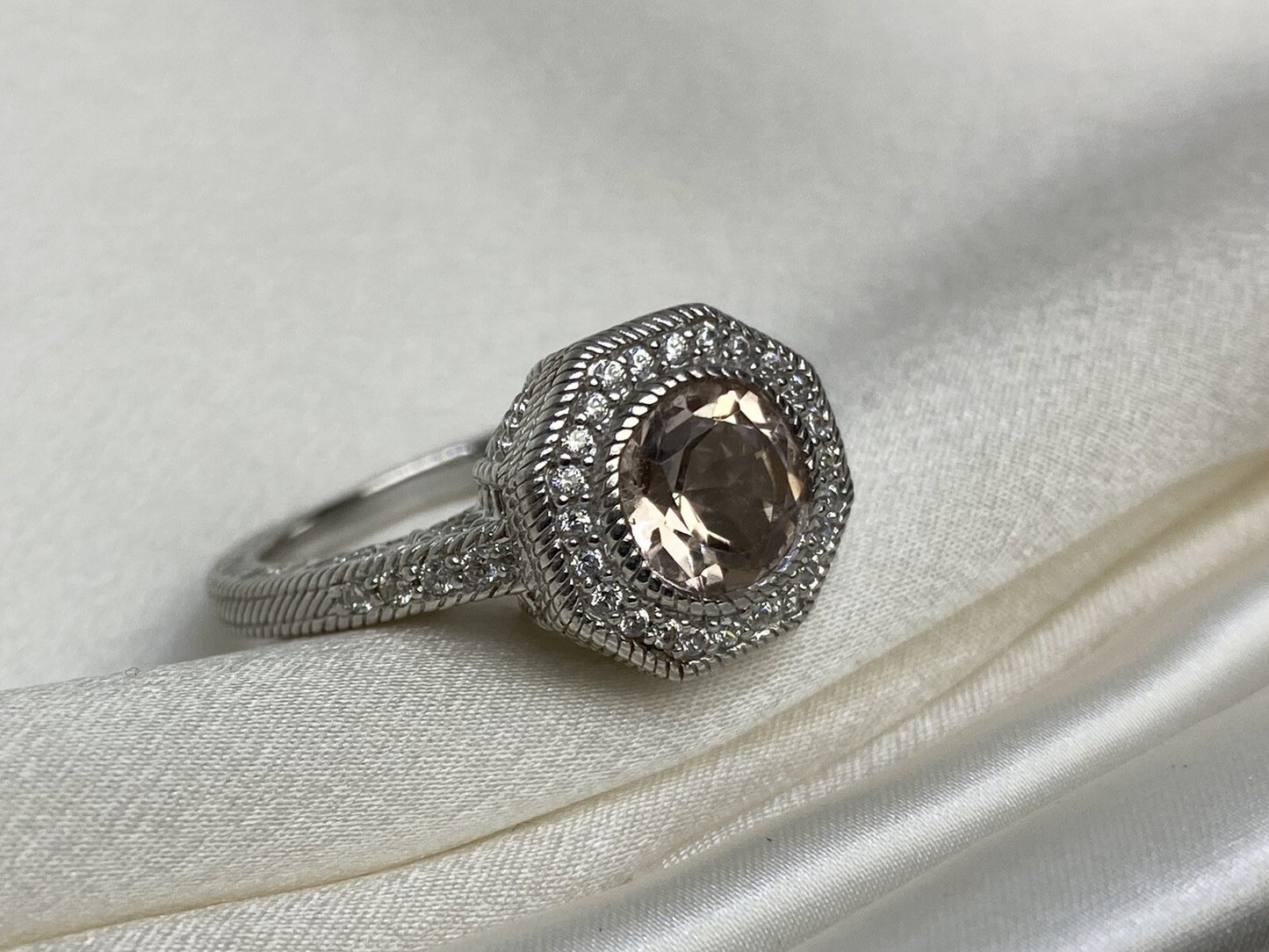 Judith Ripka Sterling Silver 925 Halo Ring Pink Sapphire Cubic Zirconia Size 11
