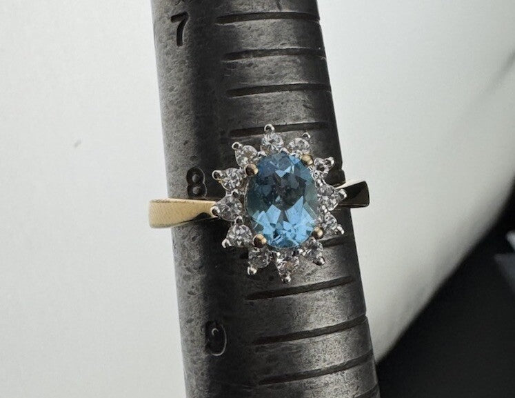 Sterling Silver 925 Blue & White Simulated Diamond Flower Ring, Size 8, 14.15mm