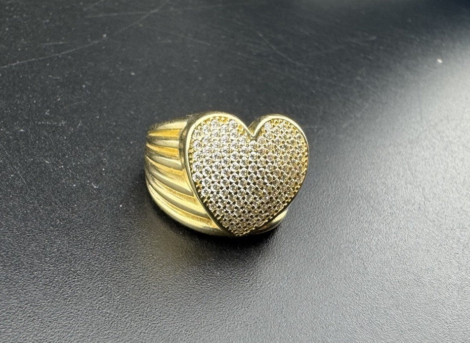 14K Gold Beltran Heart Ring Sz 6.5 Small 20mm 5.2 Gram Pave Textured Sim Diamond