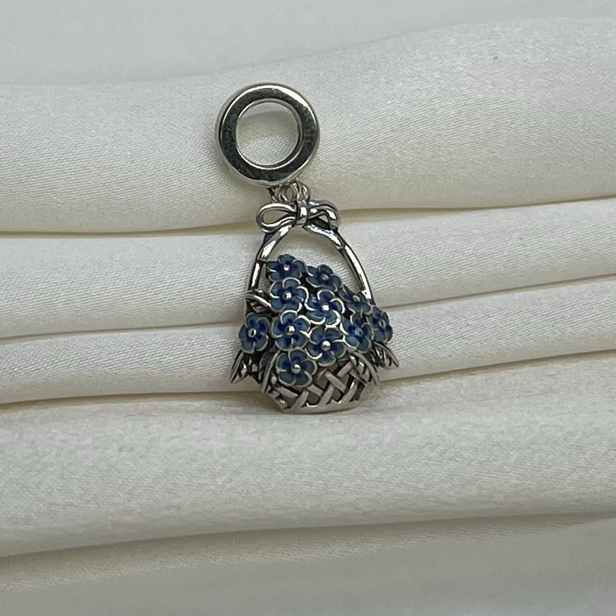 Sterling Silver 925 Enamel Basket of Blue Flower Bouquet Dangle Charm