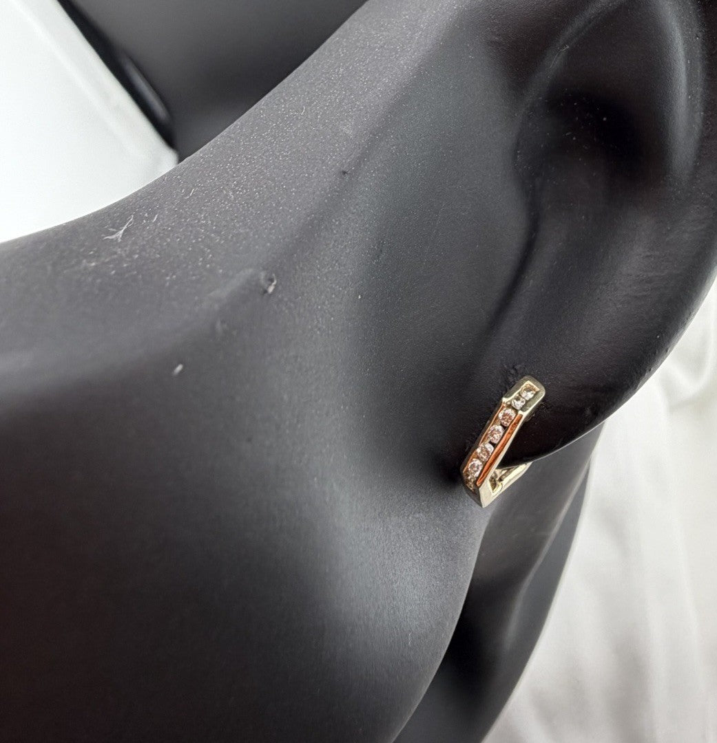 14K Yellow Gold Diamond Geometric Huggie Earrings 2.25 Grams Hinged 13.26x2.47mm