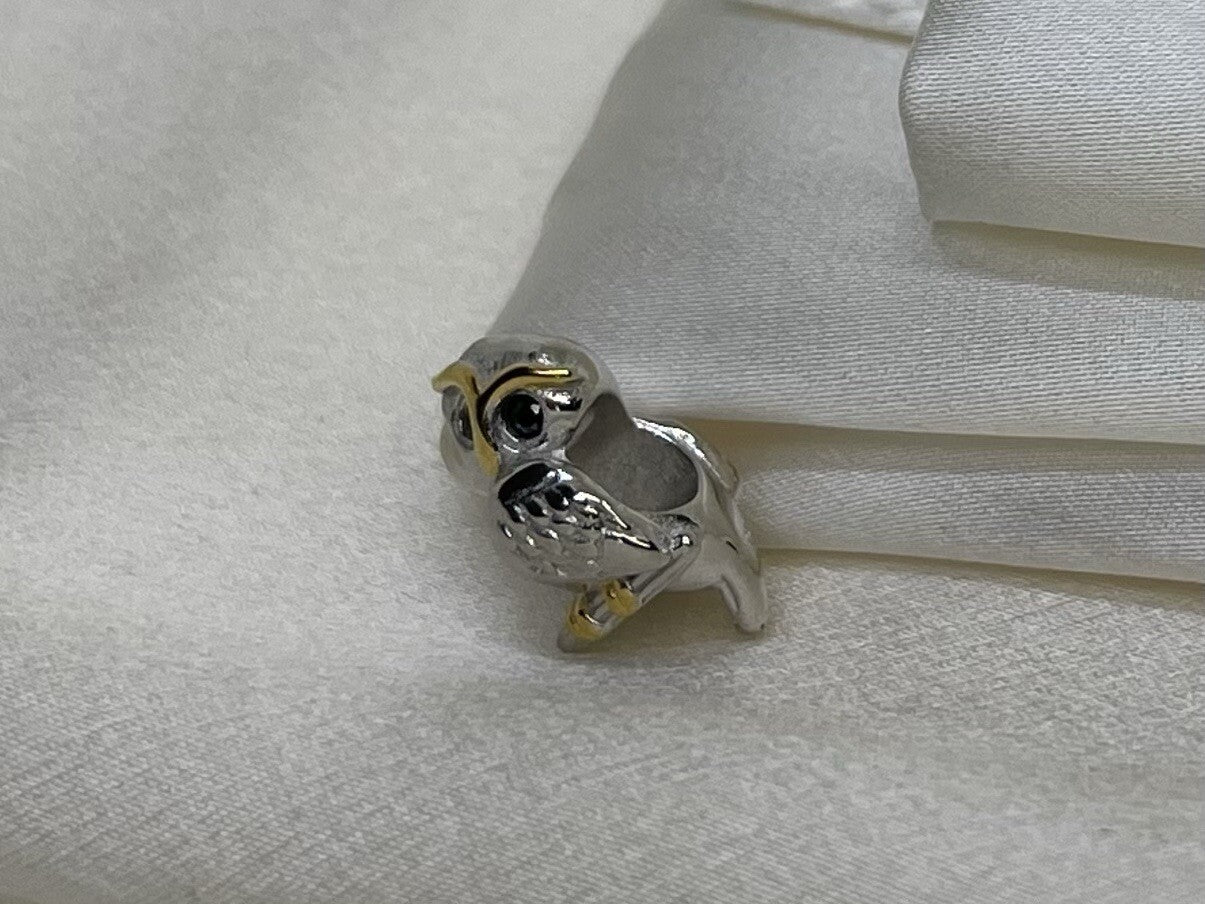 Sterling Silver 925 Owl With Black CZ Stone Eyes European Charm