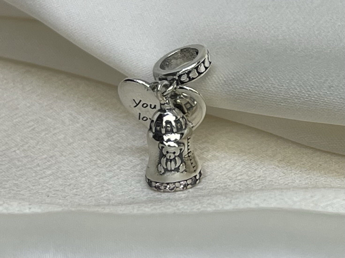 Sterling Silver 925 Baby Foot Bear Bottle You Are Loved Heart Pink Necklace