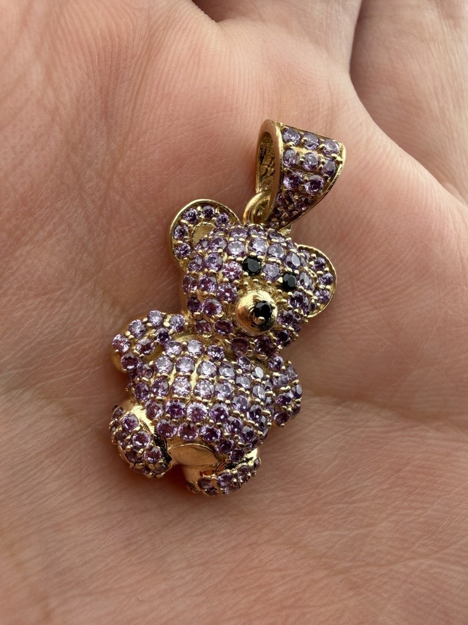 14K Gold Teddy Bear Pendant Purple Simulated Diamond Black Eyes 4.7 Gram 16x28mm