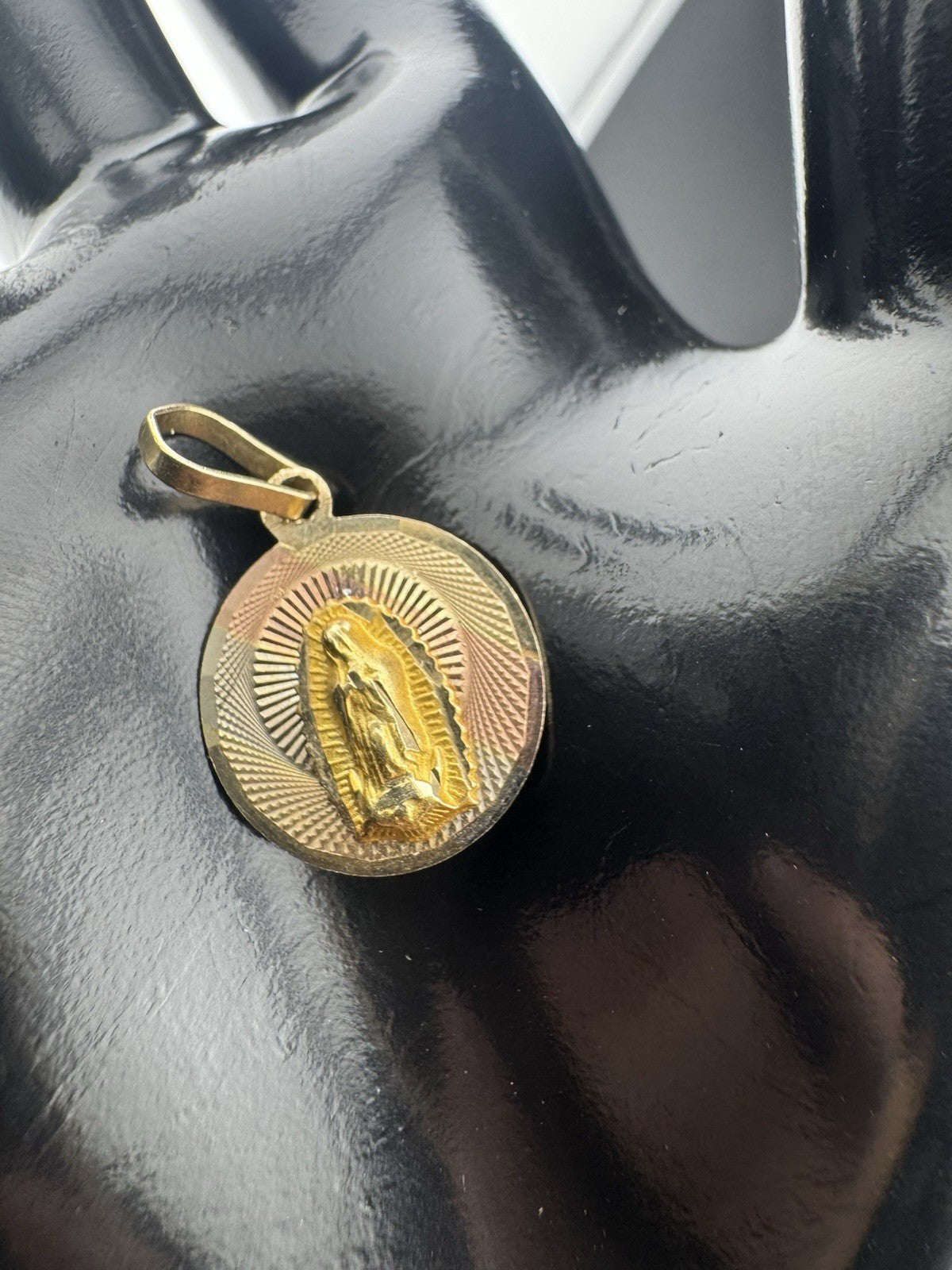 Gold Virgin Mary Guadalupe 14K Tri Gold Round Pendant Charm – 16mm, 1.8 Grams