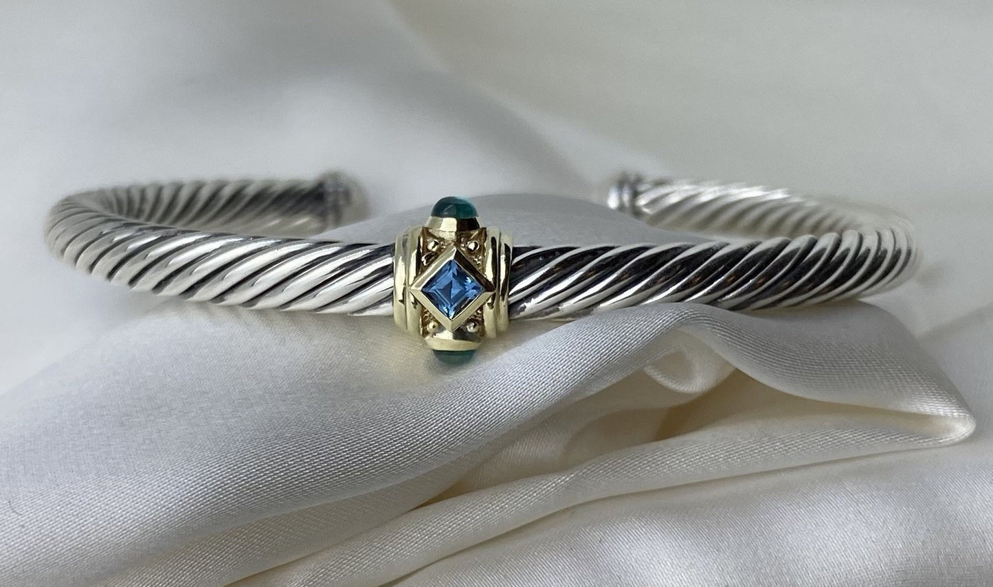David Yurman Renaissance 5mm Silver Bracelet 14K Gold Topaz & Green Onyx Medium