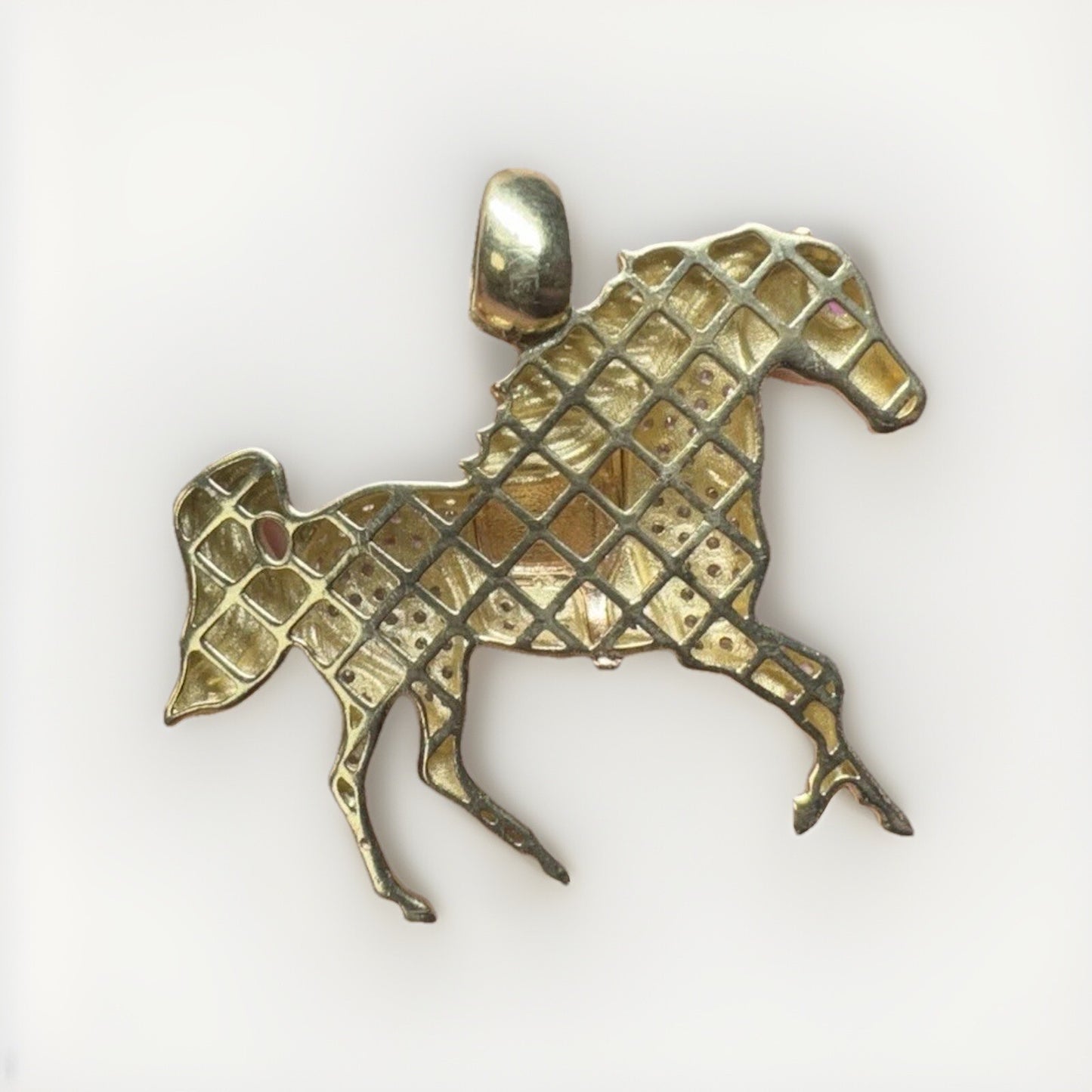 14K Tri Gold 3D Race Horse Pendant 7.3 Grams 40x36mm CZ Diamond Red Eye Stone