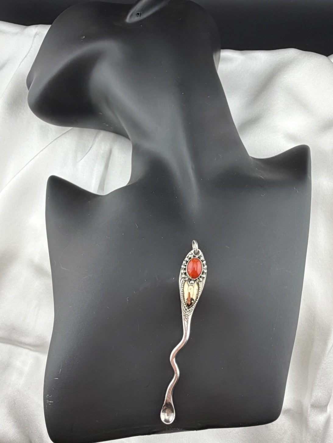 Vintage 925 Sterling Silver Carnelian Pendant 22K Gold Inlay 76mm Artisan Spoon