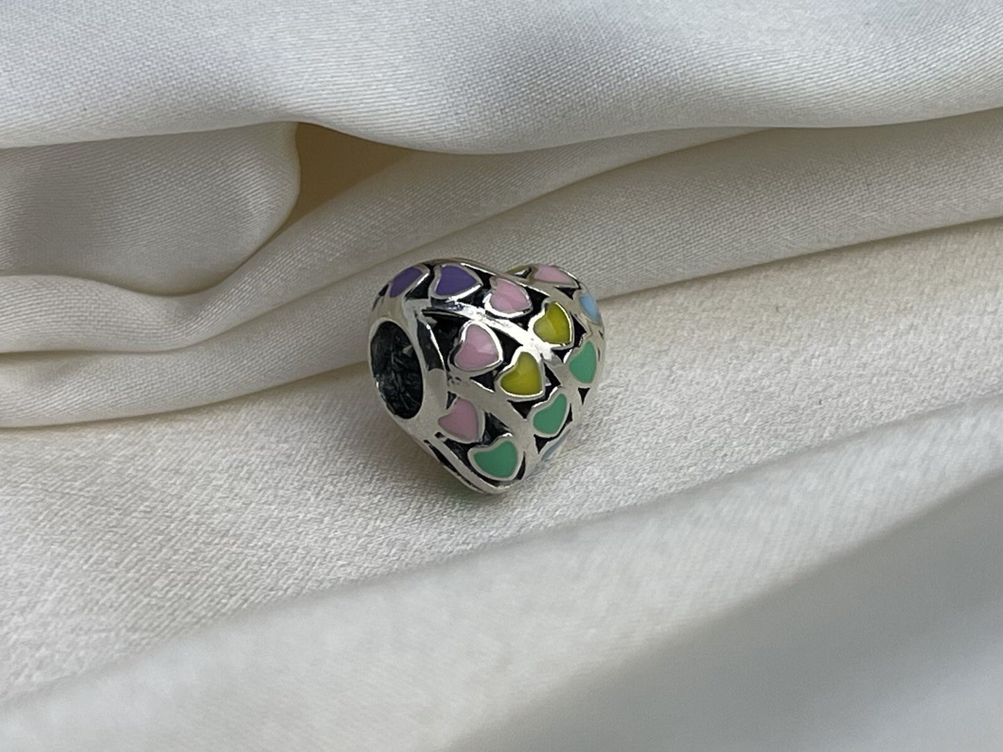 Sterling Silver 925 Enamel Rainbow Heart Love Colorful Bead Charm Pendant
