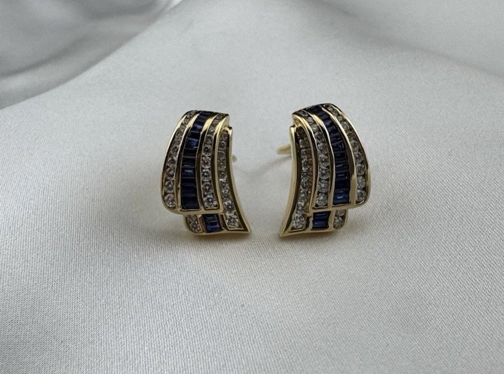 Charles Krypell 18K Yellow Gold Baguette Sapphire & Pave Diamond Earrings 12G