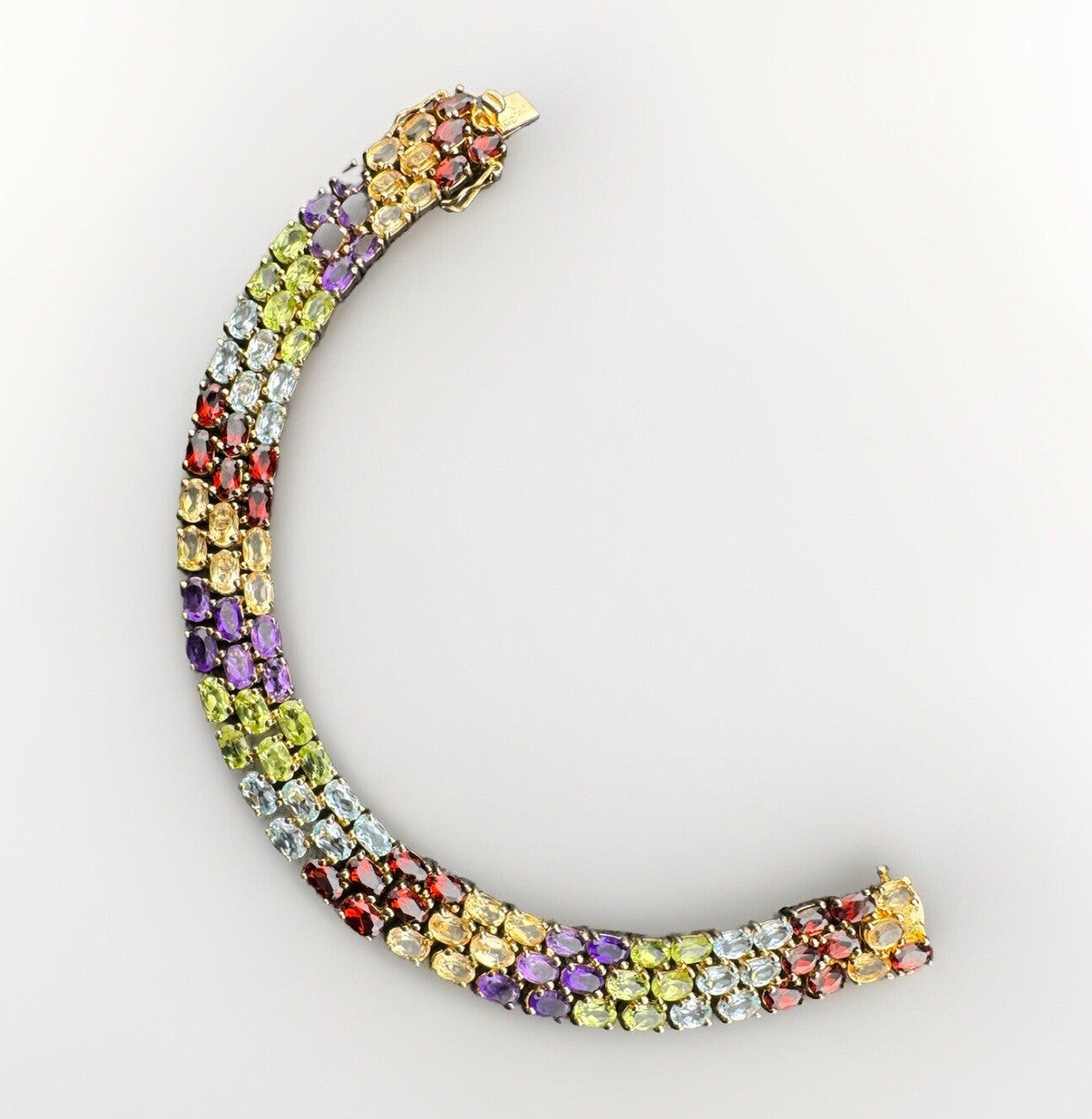 925 Fine Silver Plated Gold Multicolor Gemstone Row Tennis Bracelet 7.5 25.7G