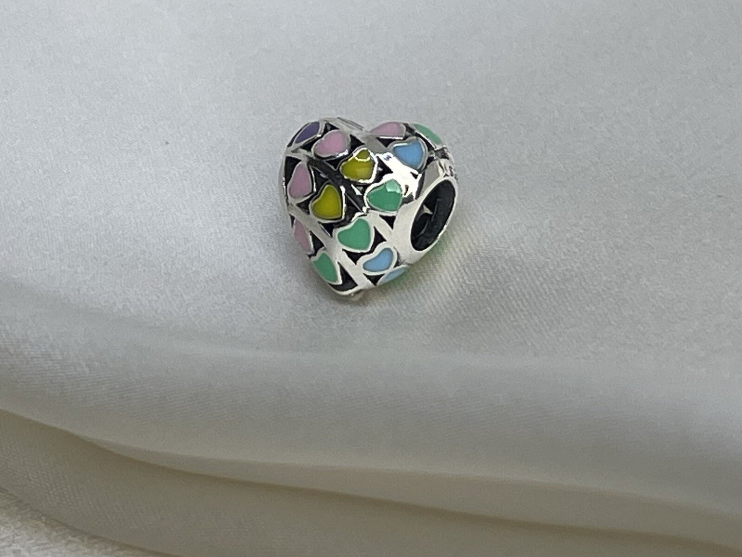 Sterling Silver 925 Enamel Rainbow Heart Love Colorful Bead Charm Pendant