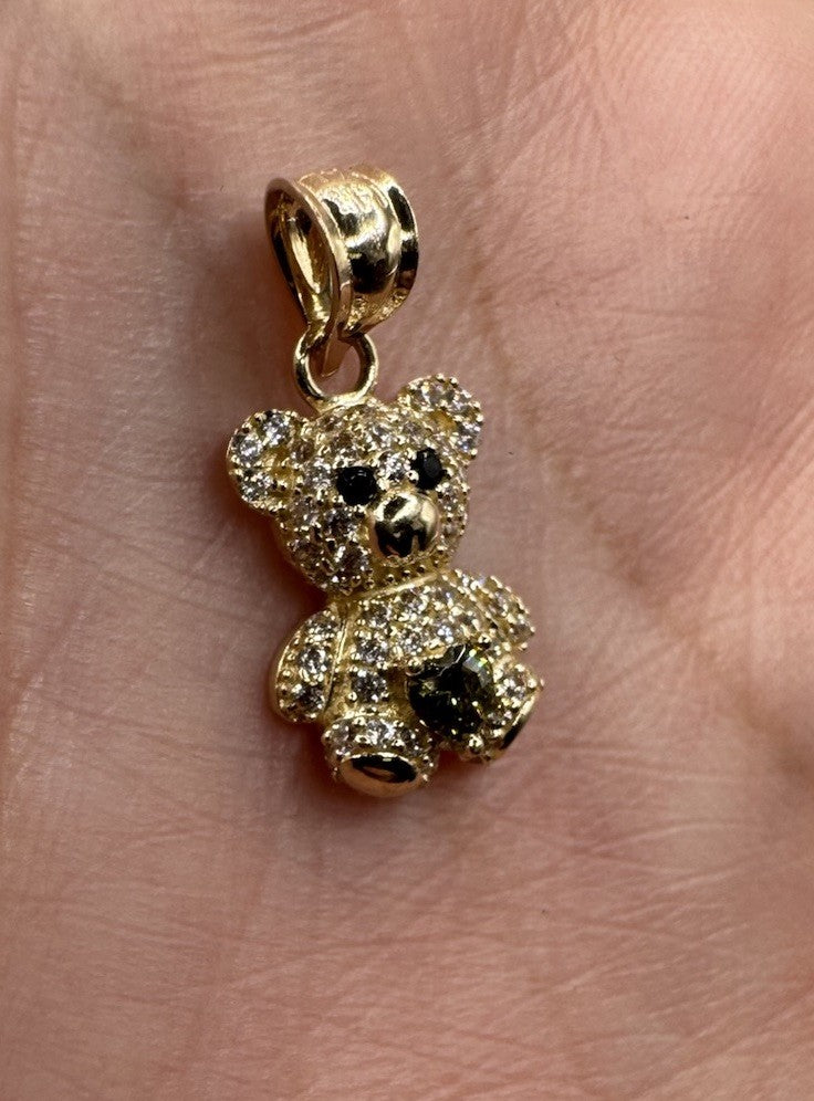 14K Gold Teddy Bear Pendant Green Sim Diamond 19.19x9.92mm 1.3G Beltran Jewelry