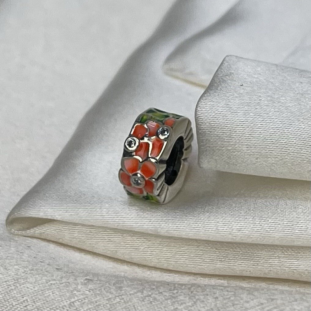 Sterling Silver 925 Enamel Pink Flower Plant with Cubic Zirconia Charm