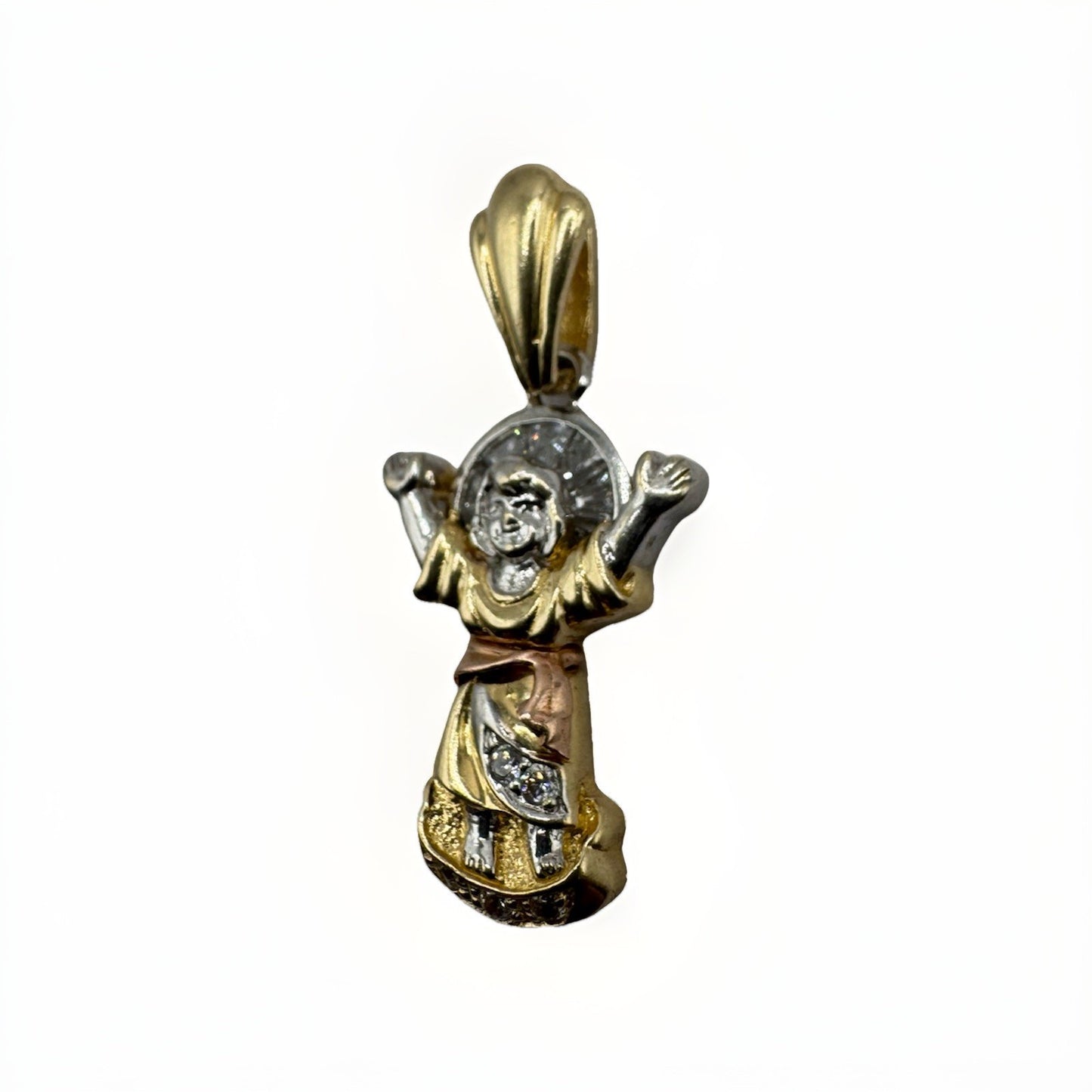 Colgante de Niño Jesús Divino de Oro Tricolor de 14K 3.5 Gramos Dije de 15x30mm