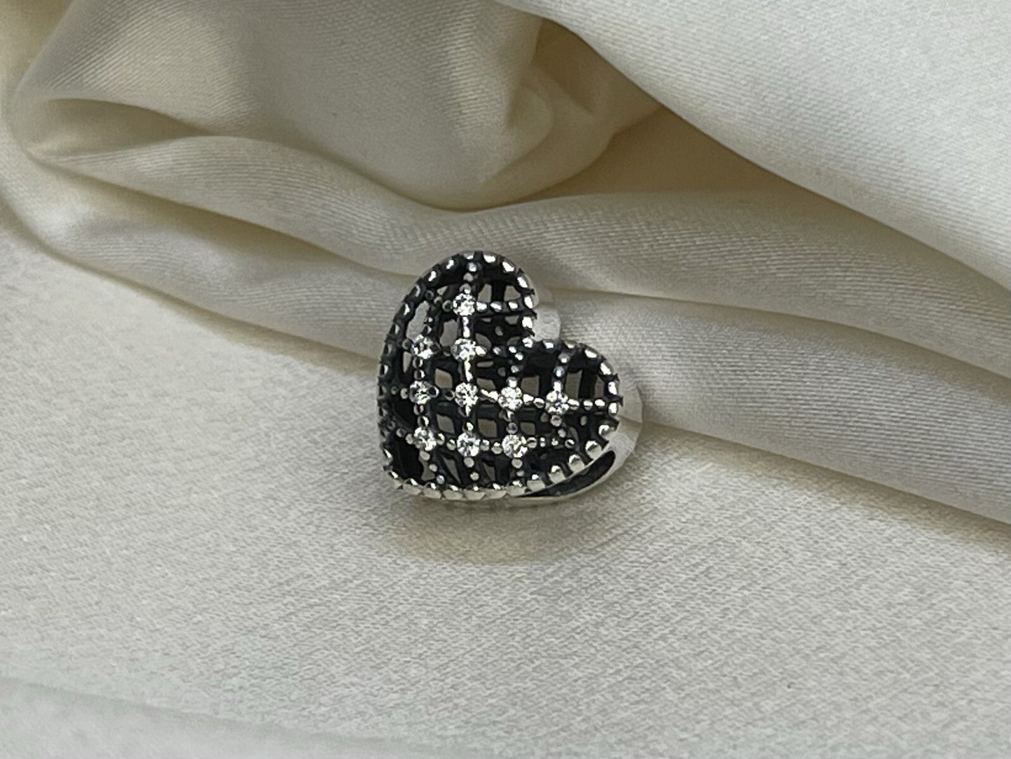 Sterling Silver 925 Retro Hollow Shining Cubic Zirconia Stone Heart Love Charm