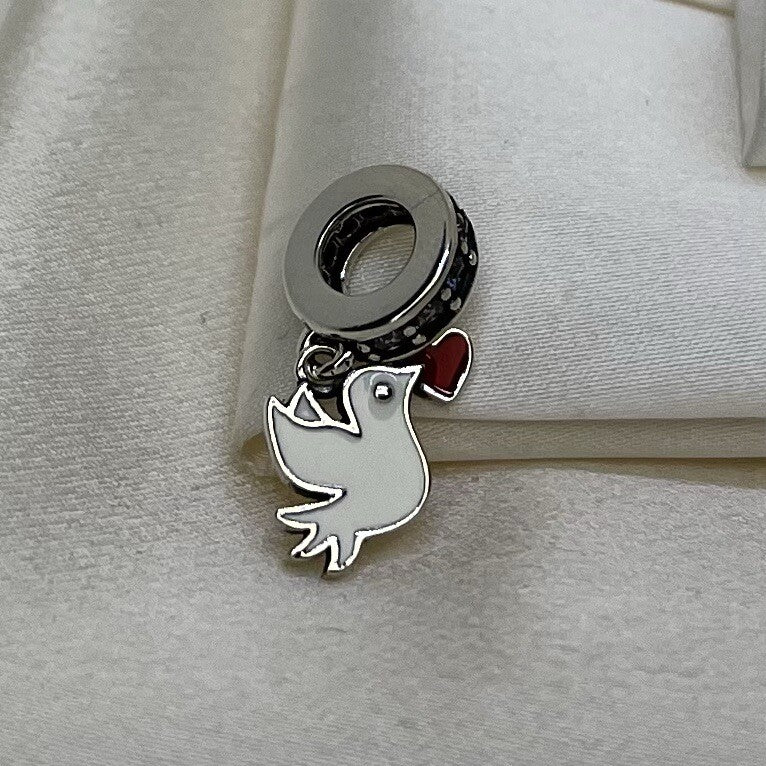 Sterling Silver 925 Enamel Red Heart Dove Peace Love Cubic Zirconia Dangle Charm