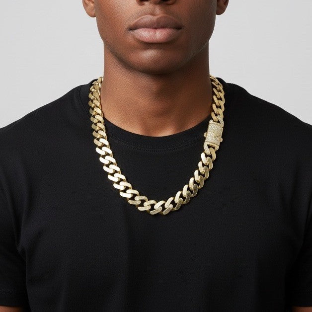 14K Yellow Gold Miami Cuban Link Chain Necklace 14.7mm 24.5 76.4 Gram Semi-Solid