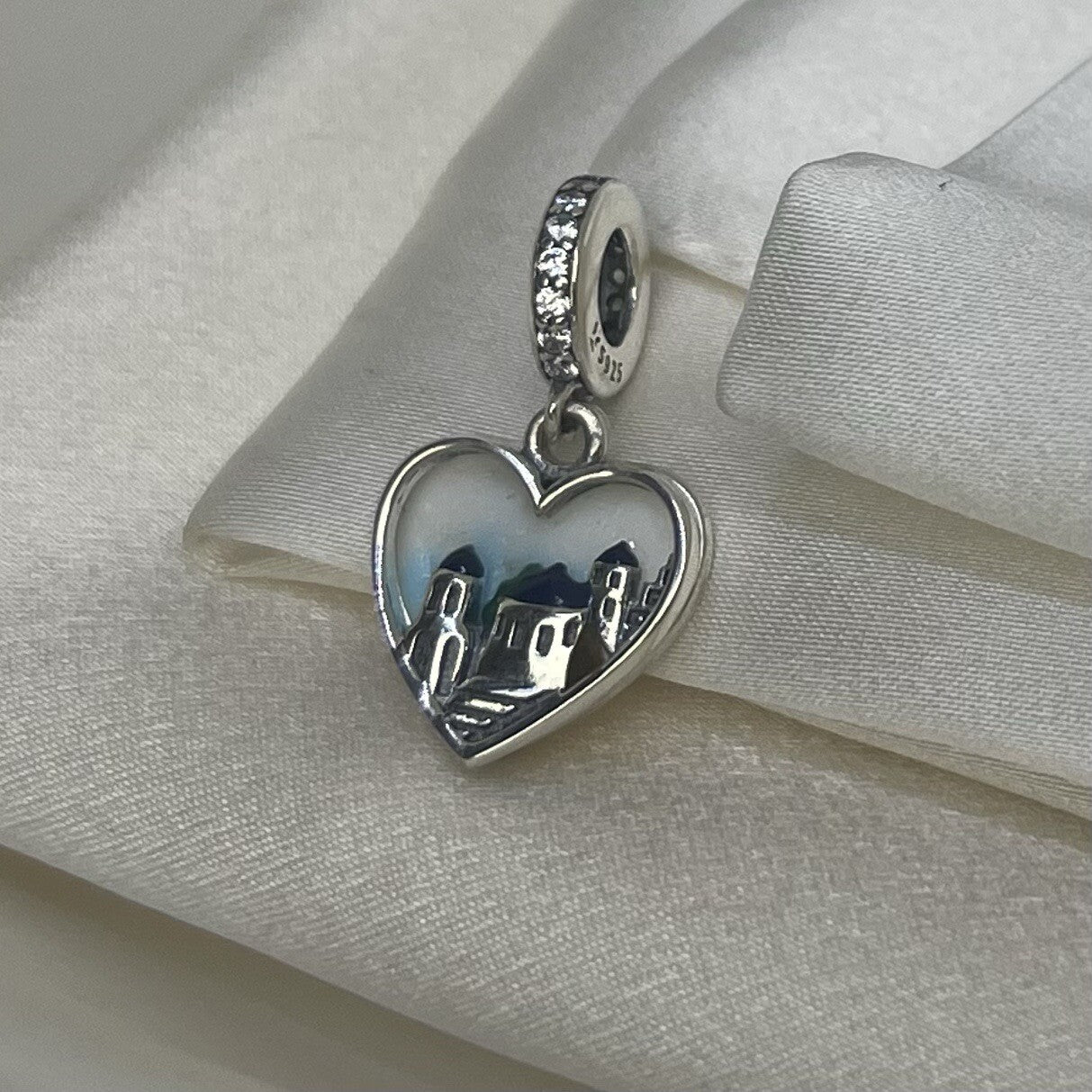 Sterling Silver 925 Enamel Double Heart City Hometown CZ Dangle Charm