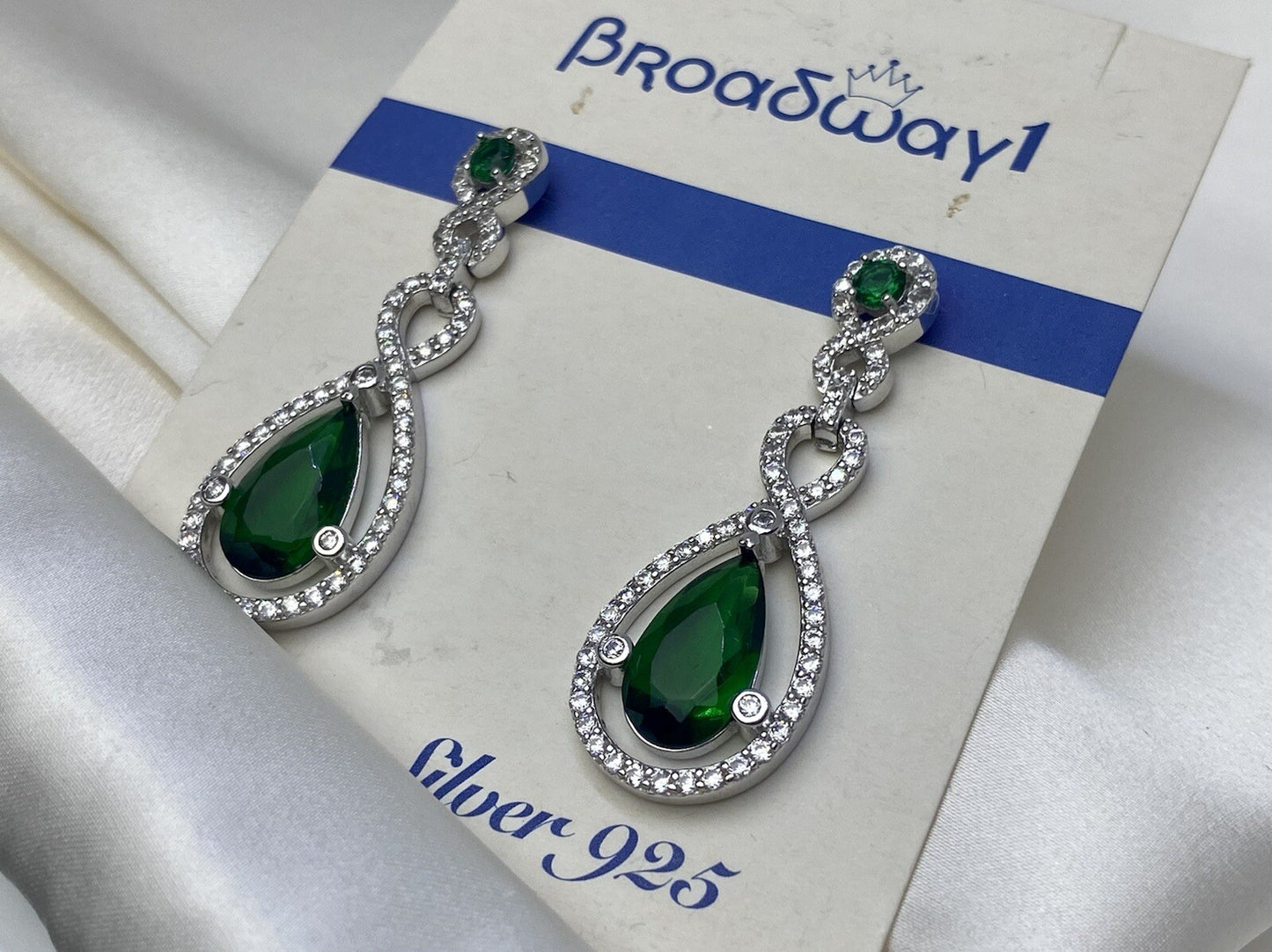Broadway 1 Sterling Silver 925 16x43mm Green Drop Dangle Earrings Cubic Zirconia