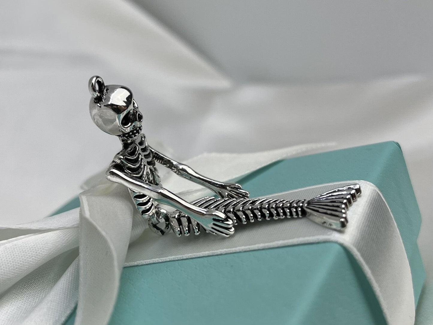 Large 73mm Moveable Skeleton Mermaid Pendant Silver Zinc Alloy Metal Handmade