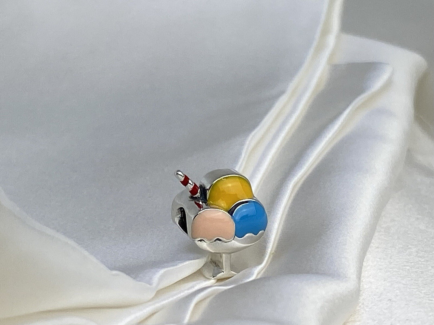 Sterling Silver 925 Eurpean Pink Yellow Blue Enamel Ice Cream Sundae Pendant