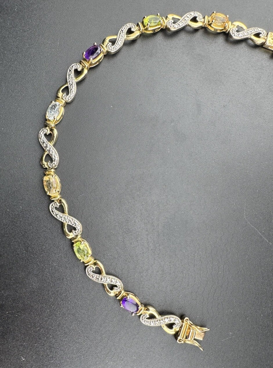 925 Fine Silver Plated Gold Multicolor Gem Infinity Heart XO Bracelet 7.5 10.4G