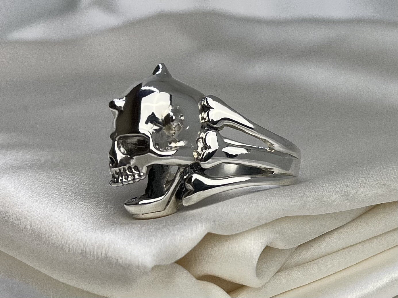 Skull Spikes Biker Warrior 19x28mm Sterling Silver 925 Hand Crafted Ring Sz 13.5