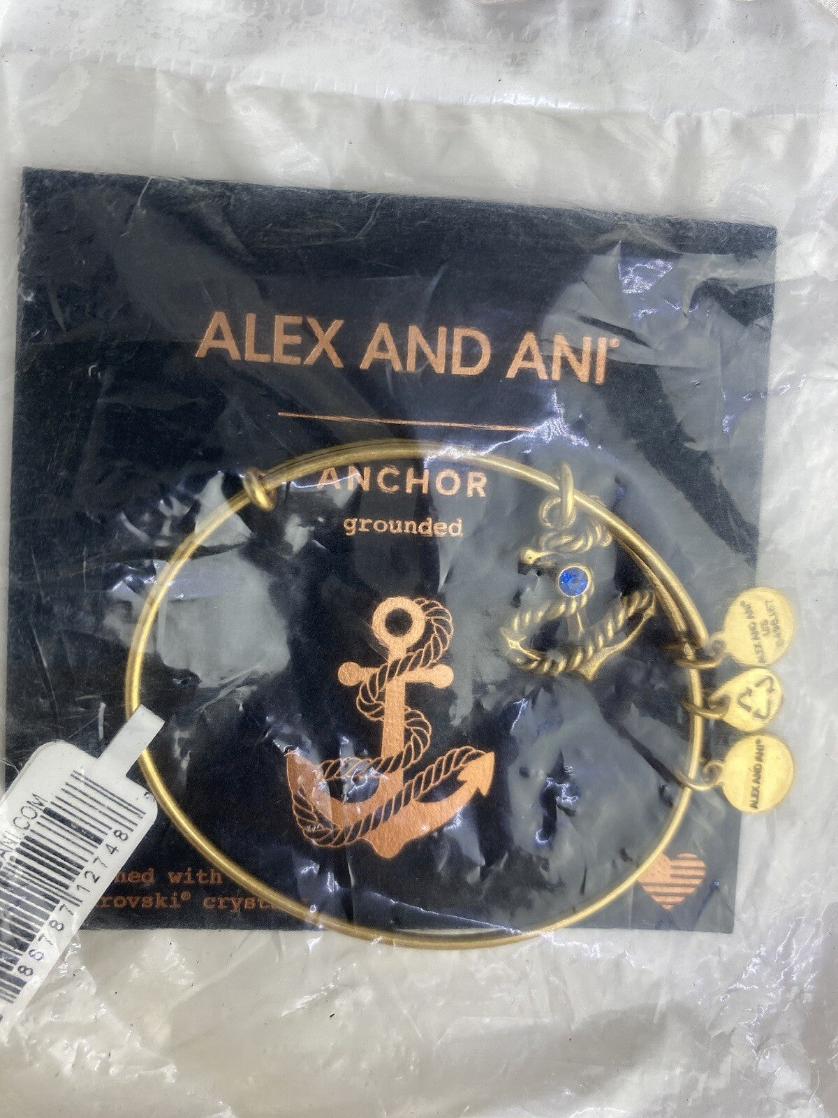 Alex and Ani Rafaelian Gold Anchor Charm Bracelet Blue Swarovski Crystal