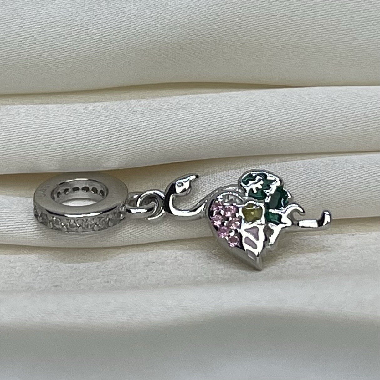 Sterling Silver 925 Multi Color CZ Stones Enamel Vibrant Flamingo Dangle Charm
