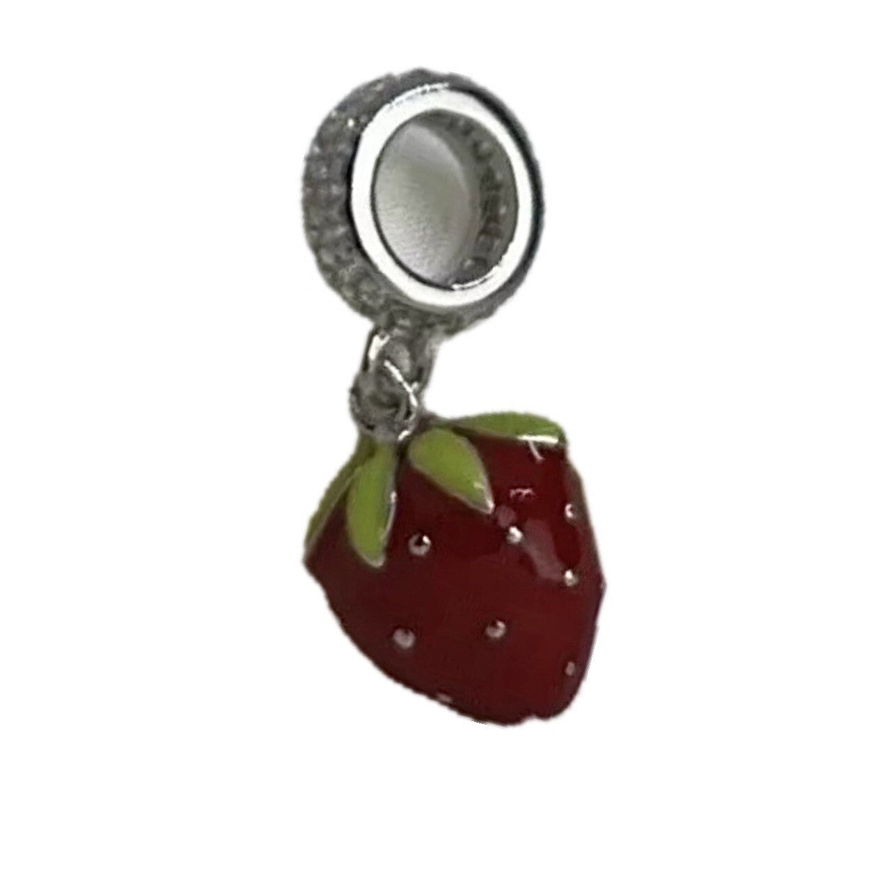 Sterling Silver 925 Enamel Strawberry Fruit Red Green Dangle Charm Pendant CZ