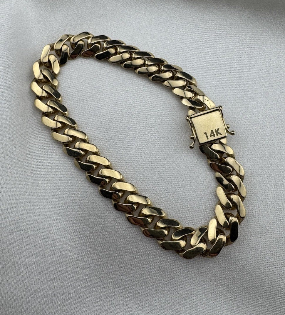 14K Gold Semi Solid Miami Cuban Link Chain Bracelet 9.76mm 8.5 Inch 19.7 Grams