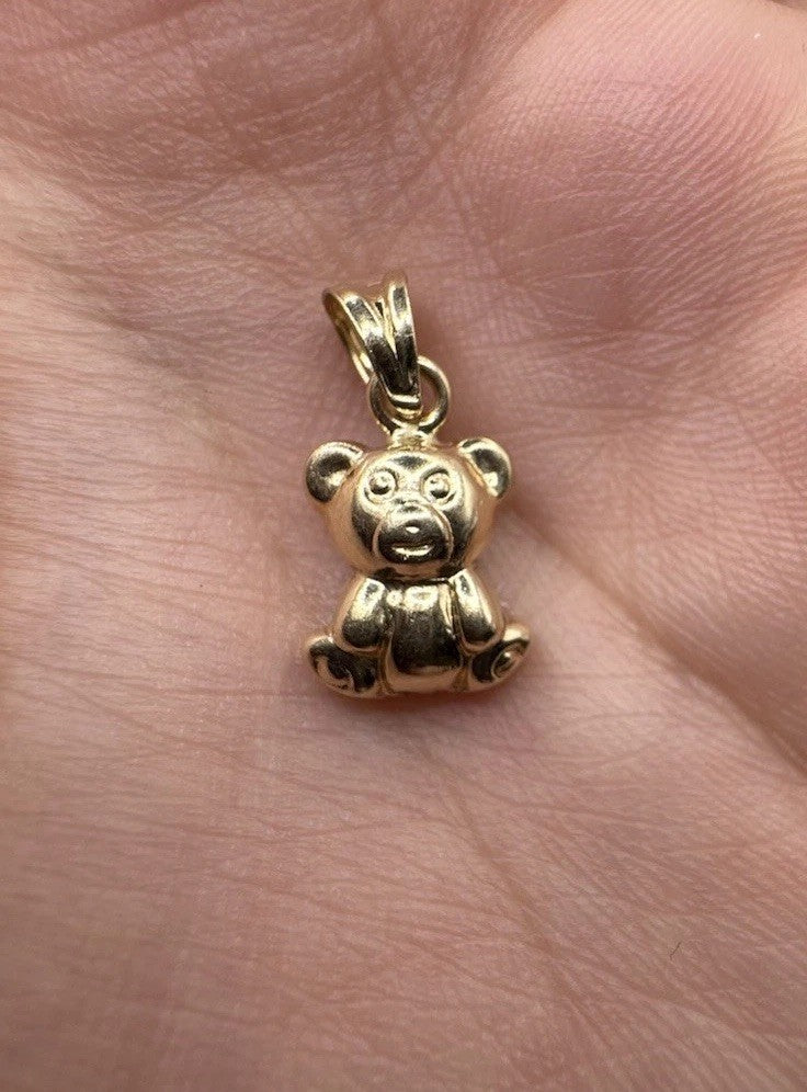 14K Two-Tone Gold Puffy Teddy Bear 3D Reverse Pendant Charm 9.72x17.6mm 1 Gram